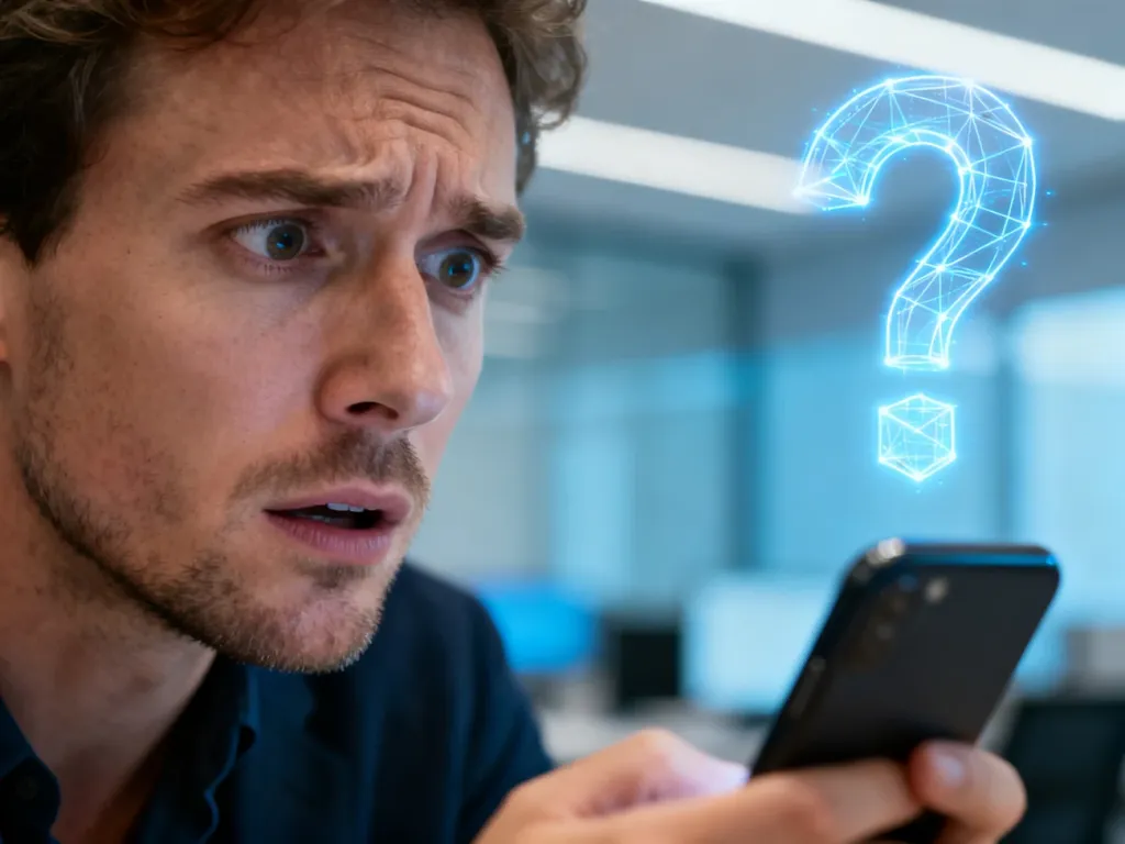 Zdezorientowany mężczyzna patrzący na świecący znak zapytania nad smartfonem, symbolizujący niezrozumienie skrótu TF.