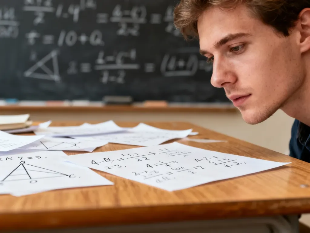 Mężczyzna skupiony na pracy przy biurku z notatkami matematycznymi, ułamkami i rysunkami geometrycznymi.