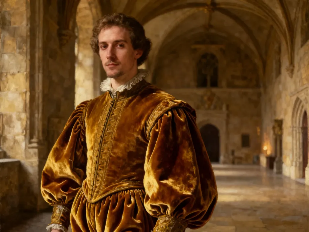 Mężczyzna w renesansowych pludrach z aksamitu na tle wnętrza XVI-wiecznego pałacu. Stylizacja na historyczny obraz olejny.