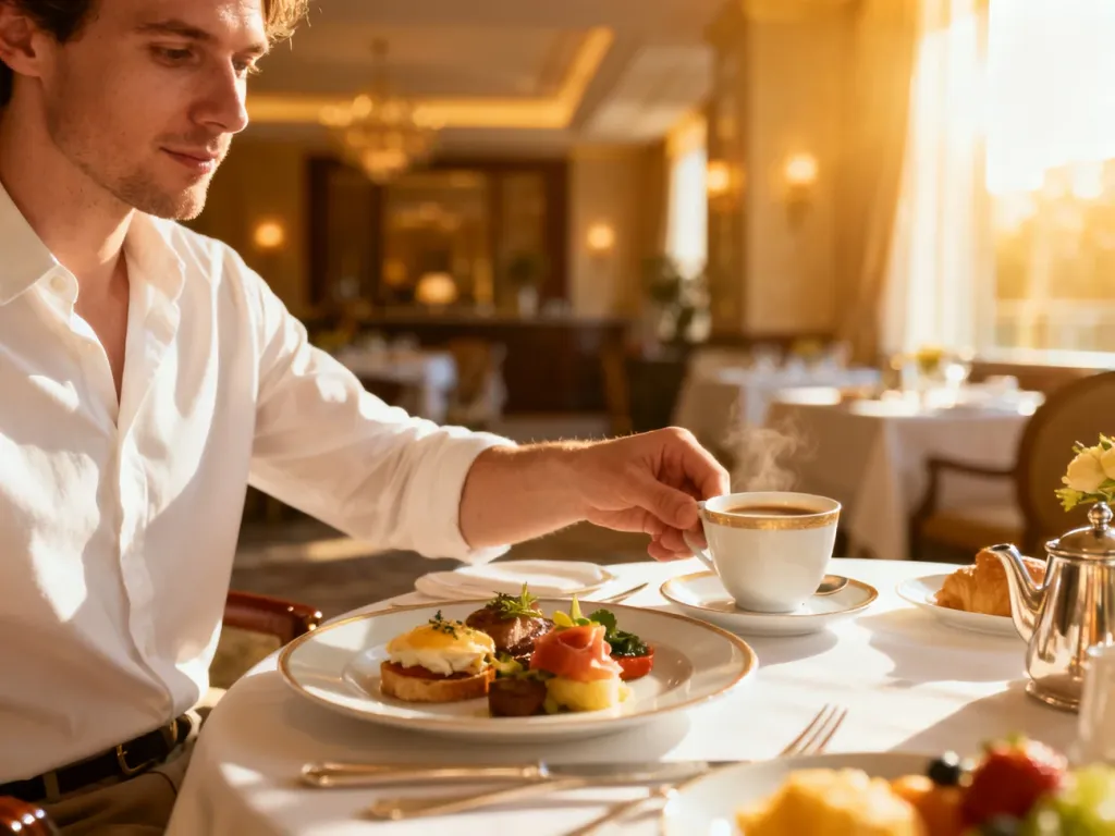 Elegancko nakryty stół w hotelowej restauracji podczas śniadania, z osobą sięgającą po filiżankę kawy.