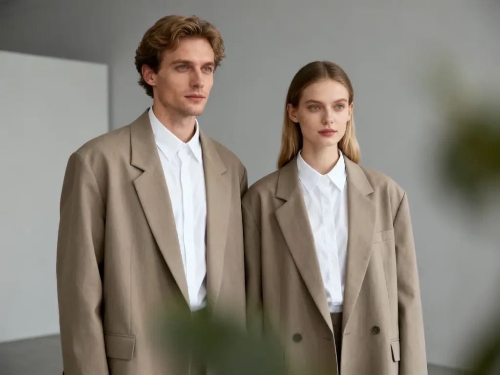 Kobieta i mężczyzna w identycznych marynarkach, prezentujący styl unisex w minimalistycznej sesji modowej.