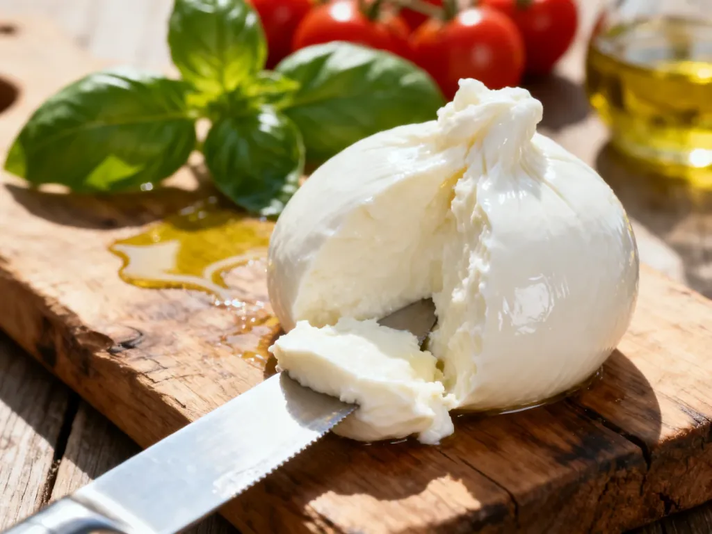 Świeża kula sera fior di latte na drewnianej desce, krojona nożem w otoczeniu bazylii, pomidorków i oliwy.
