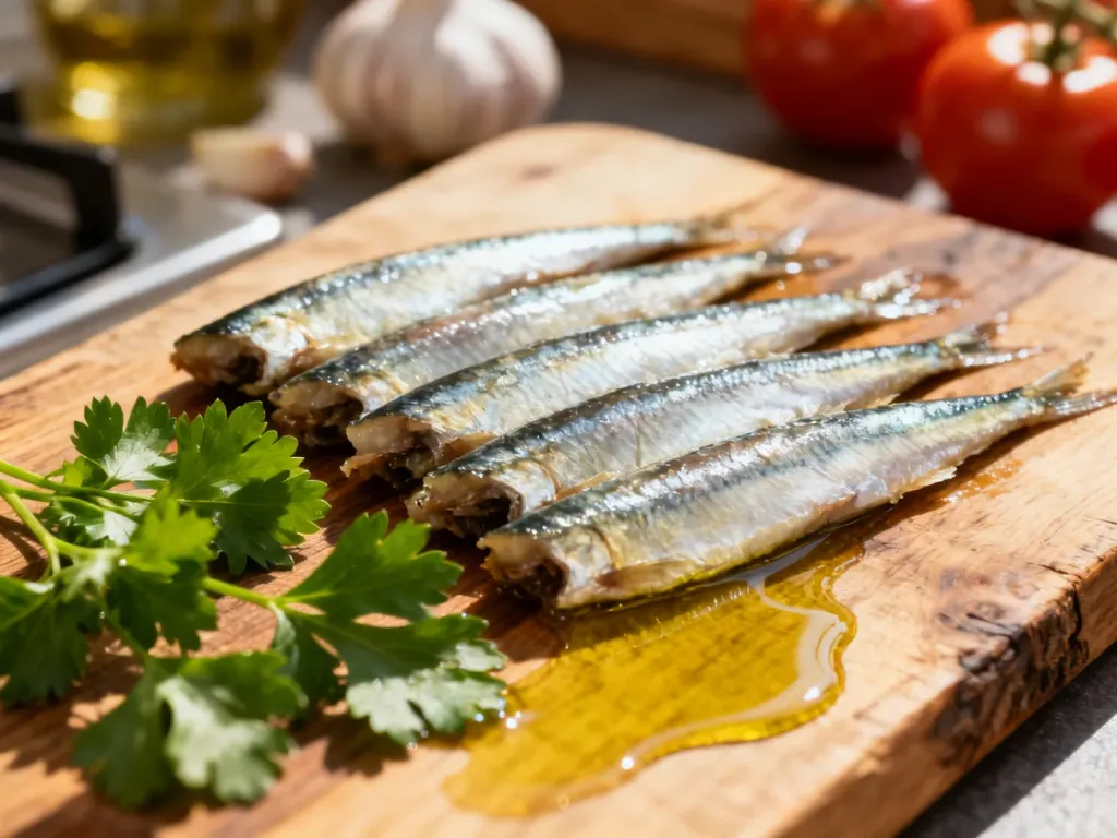 Słone filety anchois ułożone na drewnianej desce z natką pietruszki i oliwą, w otoczeniu śródziemnomorskich składników.