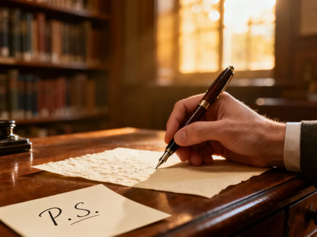 Dłoń pisząca piórem list na papierze, z wyraźnie zaznaczonym skrótem „P.S.” w tle biblioteki.