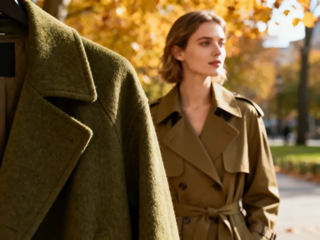 Stylowa kobieta w trenczu w kolorze khaki na tle jesiennego parku, prezentująca modne połączenie odcieni ziemi.