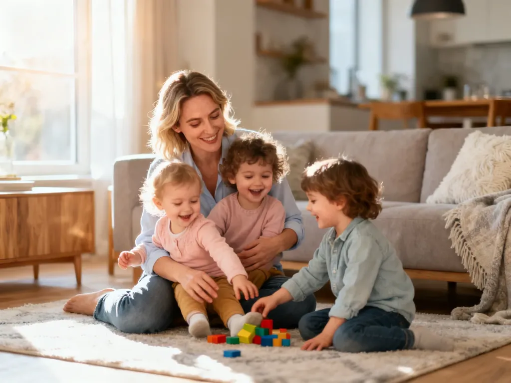 Au pair bawiąca się z dziećmi w przytulnym salonie, co obrazuje ciepłą relację opiekunki z podopiecznymi.